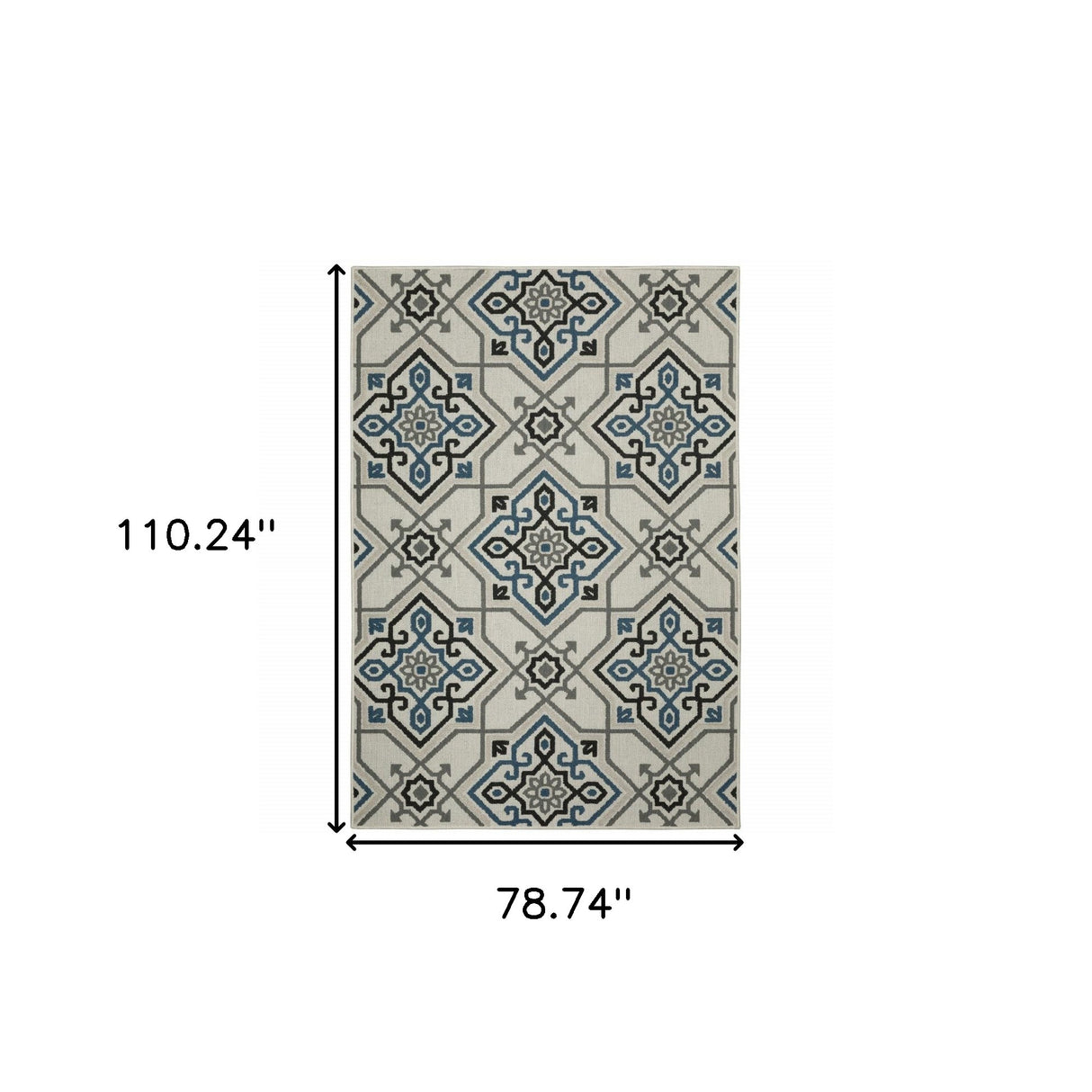 7' X 9' Blue and Beige Oriental Stain Resistant Indoor Outdoor Area Rug