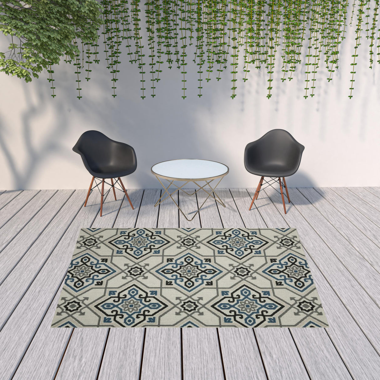 7' X 9' Blue and Beige Oriental Stain Resistant Indoor Outdoor Area Rug