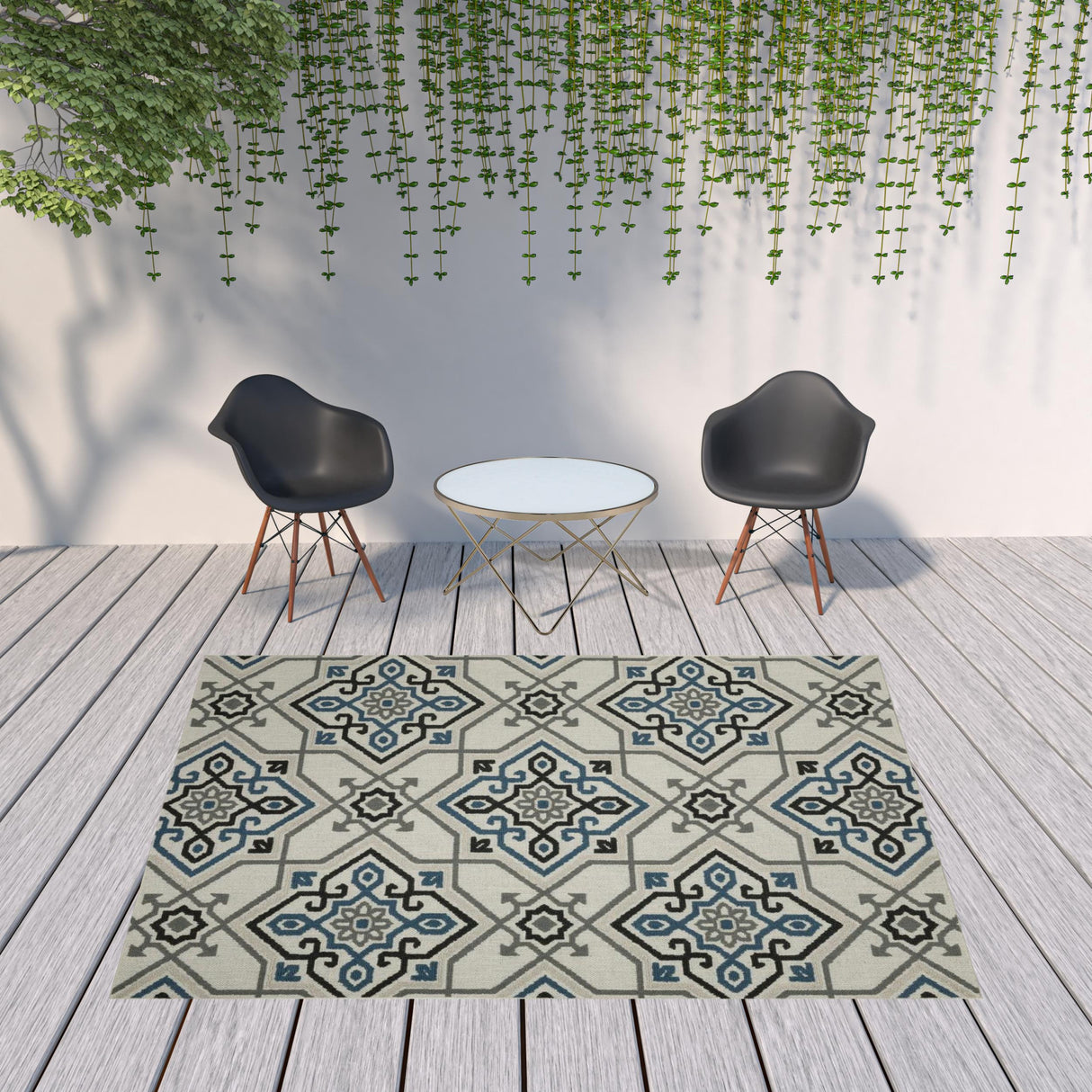 8' X 10' Blue and Beige Oriental Stain Resistant Indoor Outdoor Area Rug