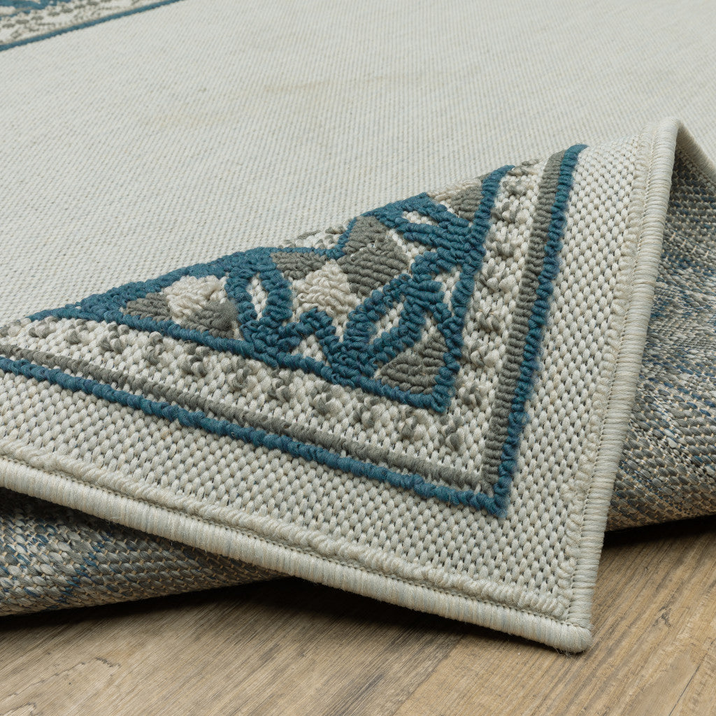 2' X 7' Blue and Beige Stain Resistant Indoor Outdoor Area Rug