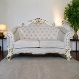 66" Two Tone Ivory And Pearl Velvet Loveseat and Toss Pillows