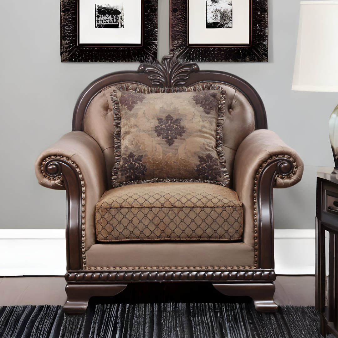 44" Tan And Espresso Fabric Tufted Arm Chair And Toss Pillow