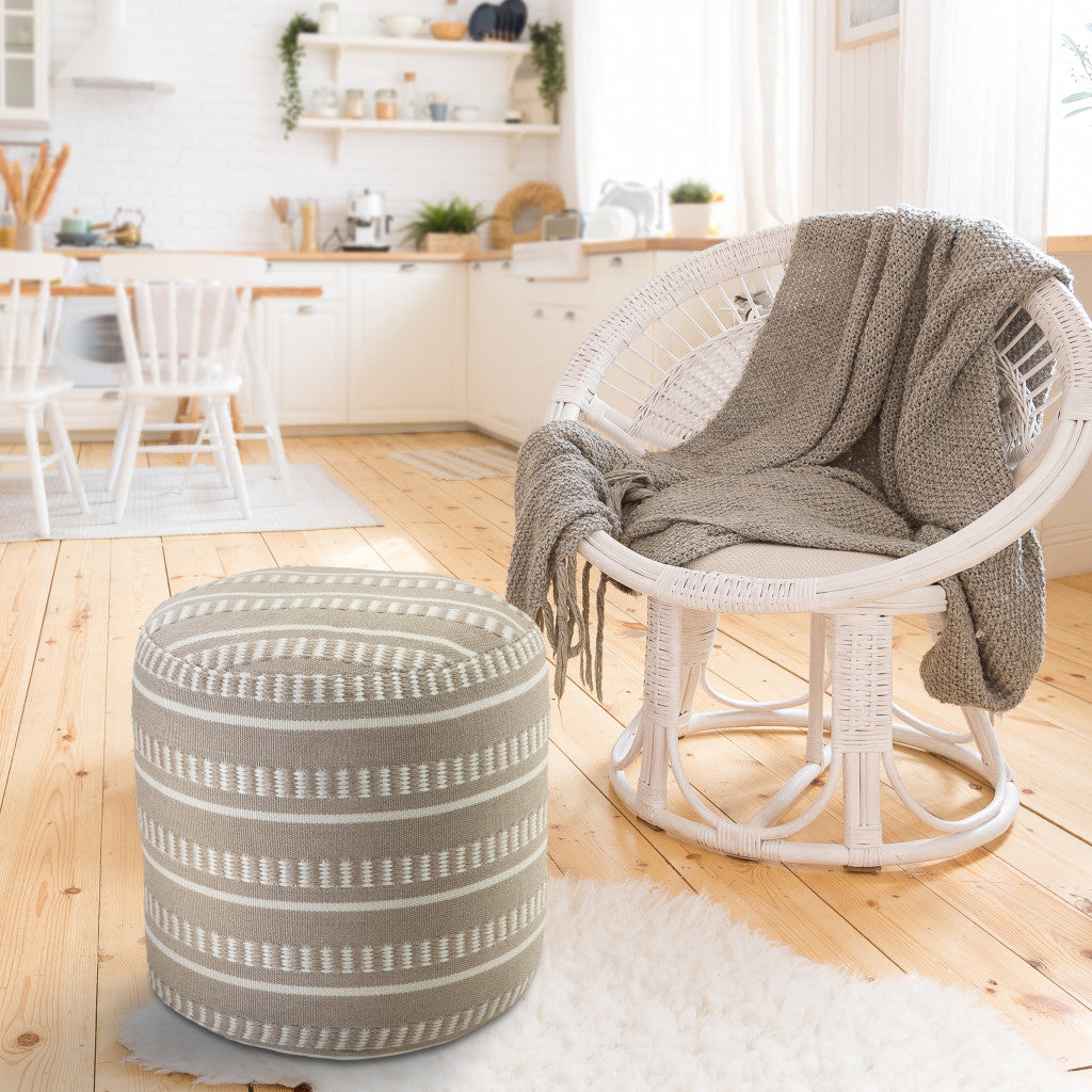 20" Green Polyester Round Striped Indoor Outdoor Pouf Ottoman