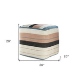 20" White Polyester Striped Indoor Outdoor Pouf Ottoman