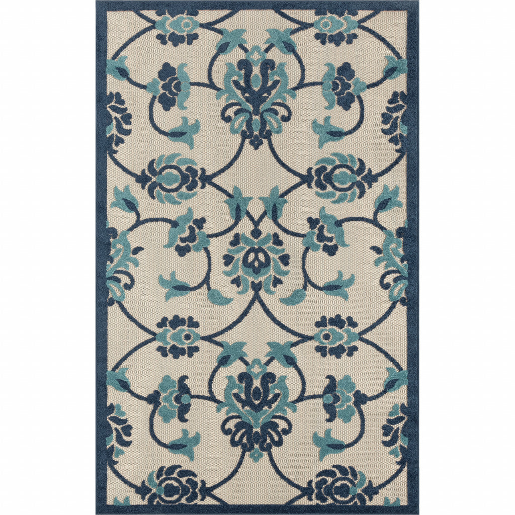 8' X 10' Blue And Orange Floral Non Skid Indoor Outdoor Area Rug