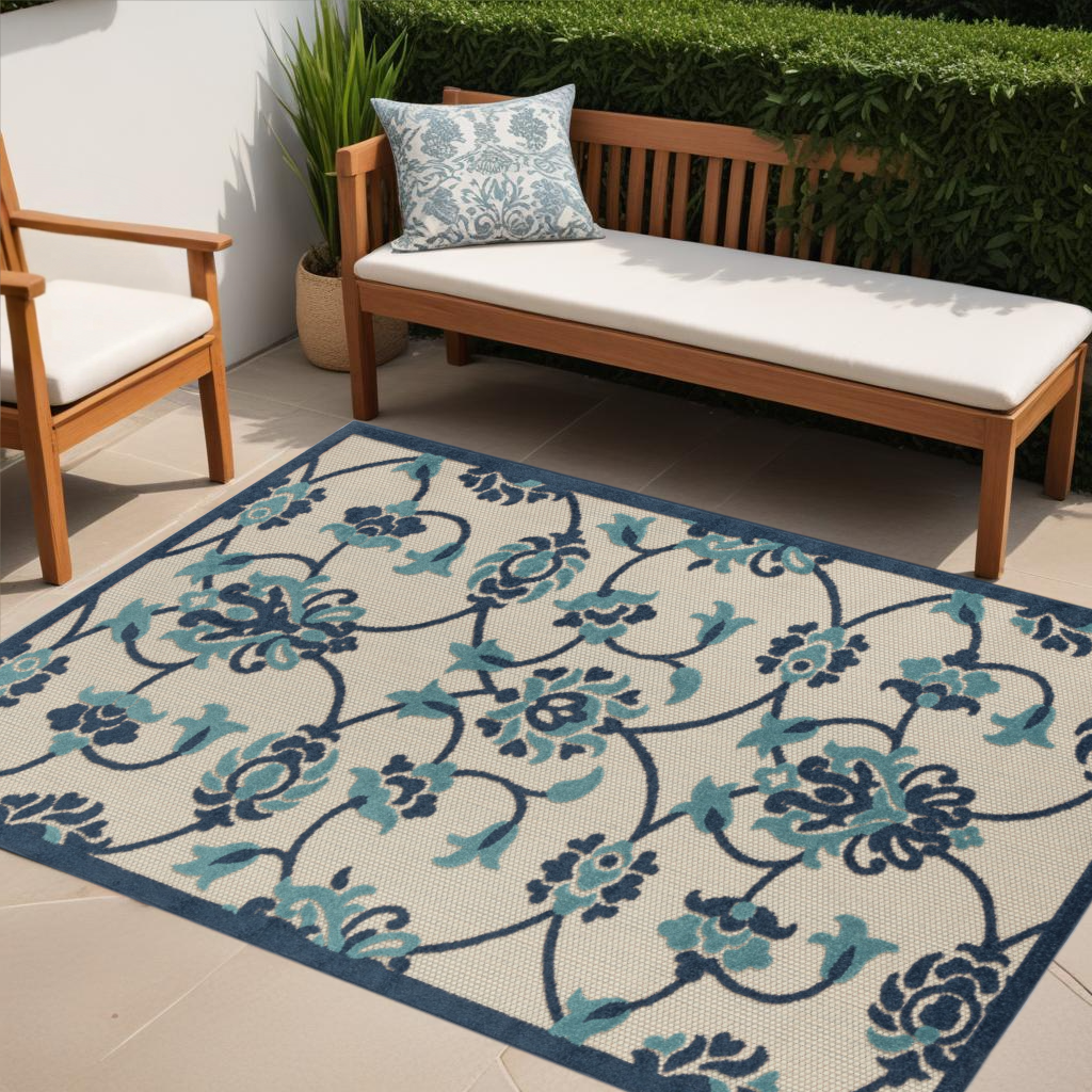 8' X 10' Blue And Orange Floral Non Skid Indoor Outdoor Area Rug