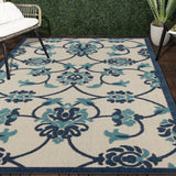 8' X 10' Blue And Orange Floral Non Skid Indoor Outdoor Area Rug