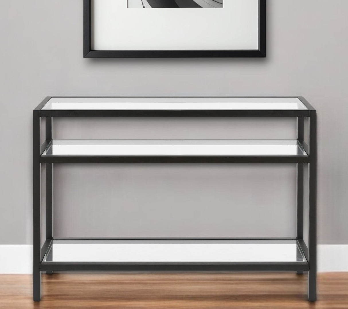 42" Clear and Black Glass Console Table With Shelves