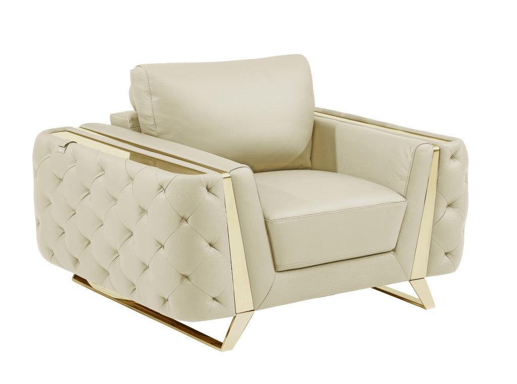 50" Beige And Gold Genuine Leather Tufted Club Chair