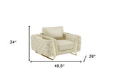 50" Beige And Gold Genuine Leather Tufted Club Chair