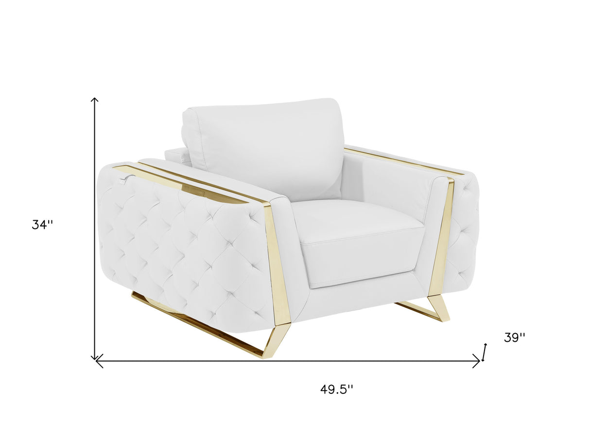 50" White And Gold Genuine Leather Club Chair