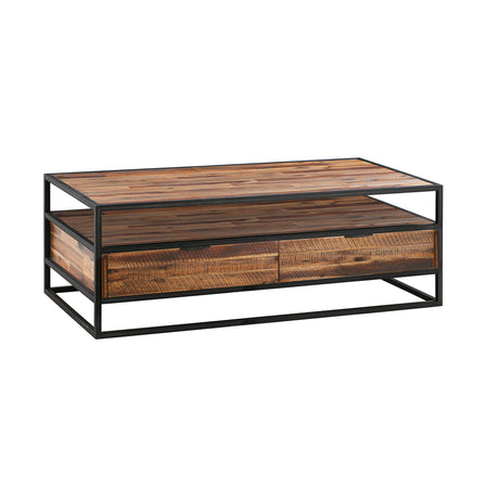 50" Brown And Black Solid Wood And Metal Coffee Table With Two Drawers And Shelf