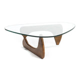 50" Clear And Brown Glass And Solid Wood Triangle Coffee Table