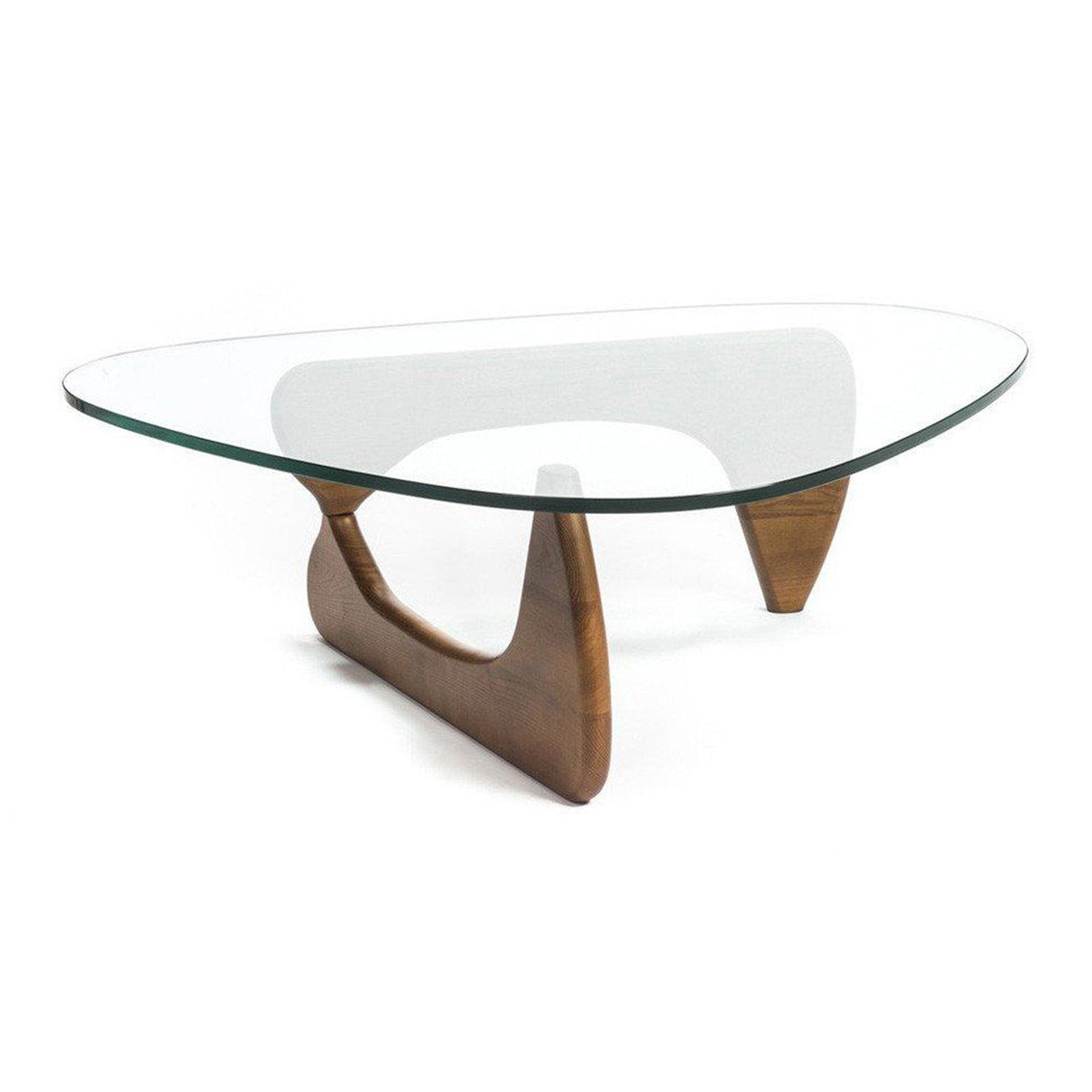 50" Clear And Brown Glass And Solid Wood Triangle Coffee Table