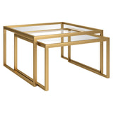 Set of Two 30" Gold Glass And Steel Square Nested Coffee Tables