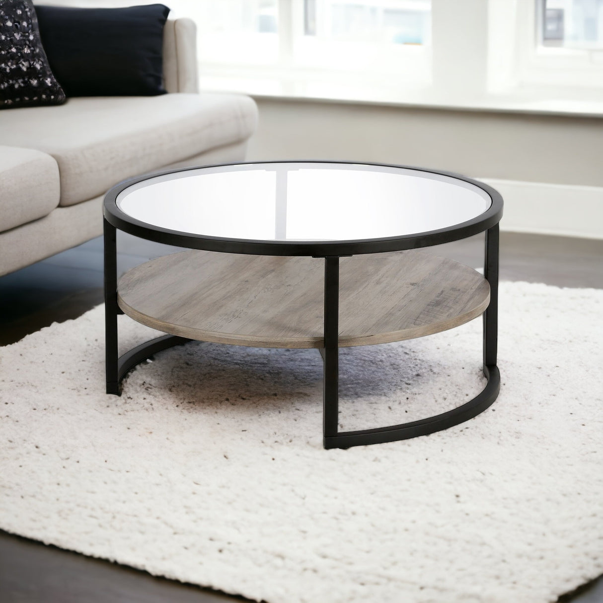 34" Black Glass And Steel Round Coffee Table With Shelf