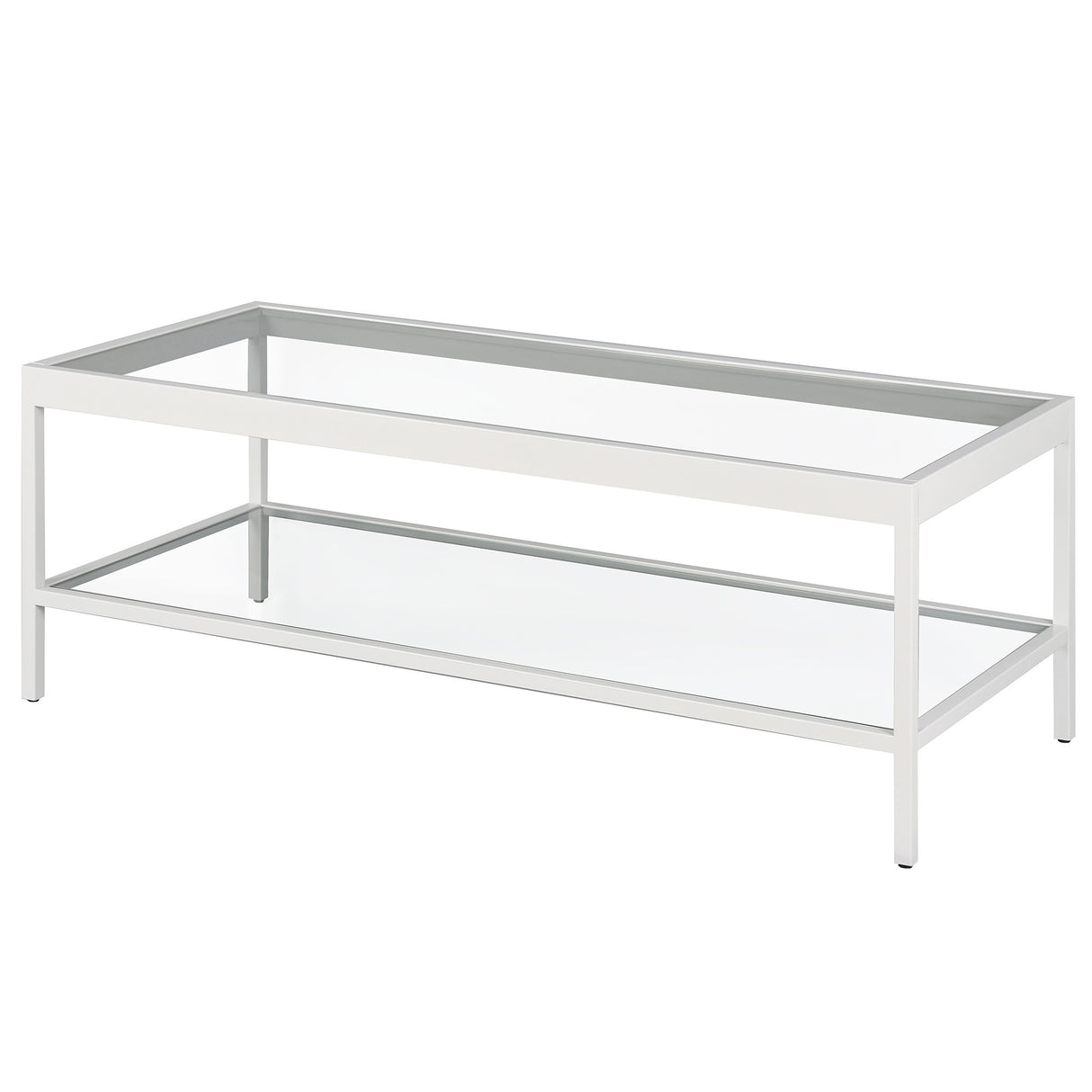 45" Clear Glass And White Steel Coffee Table With Shelf