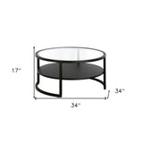 34" Black Glass And Steel Round Coffee Table With Shelf