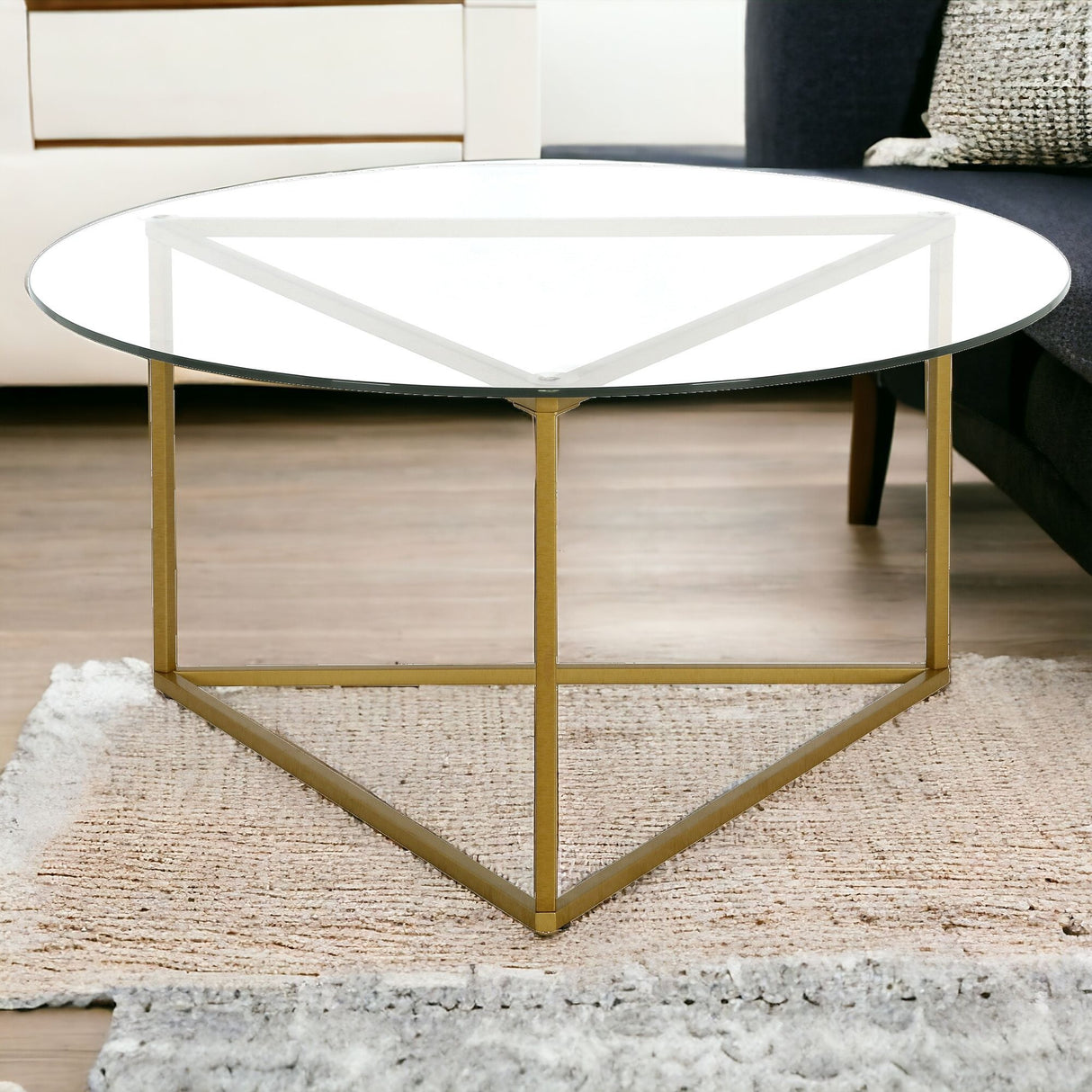 35" Gold Glass And Steel Round Coffee Table