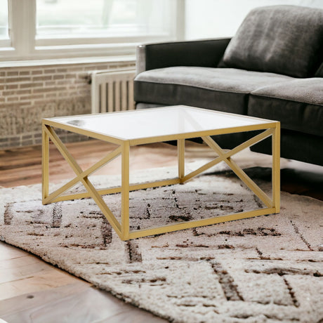 32" Gold Glass And Steel Square Coffee Table