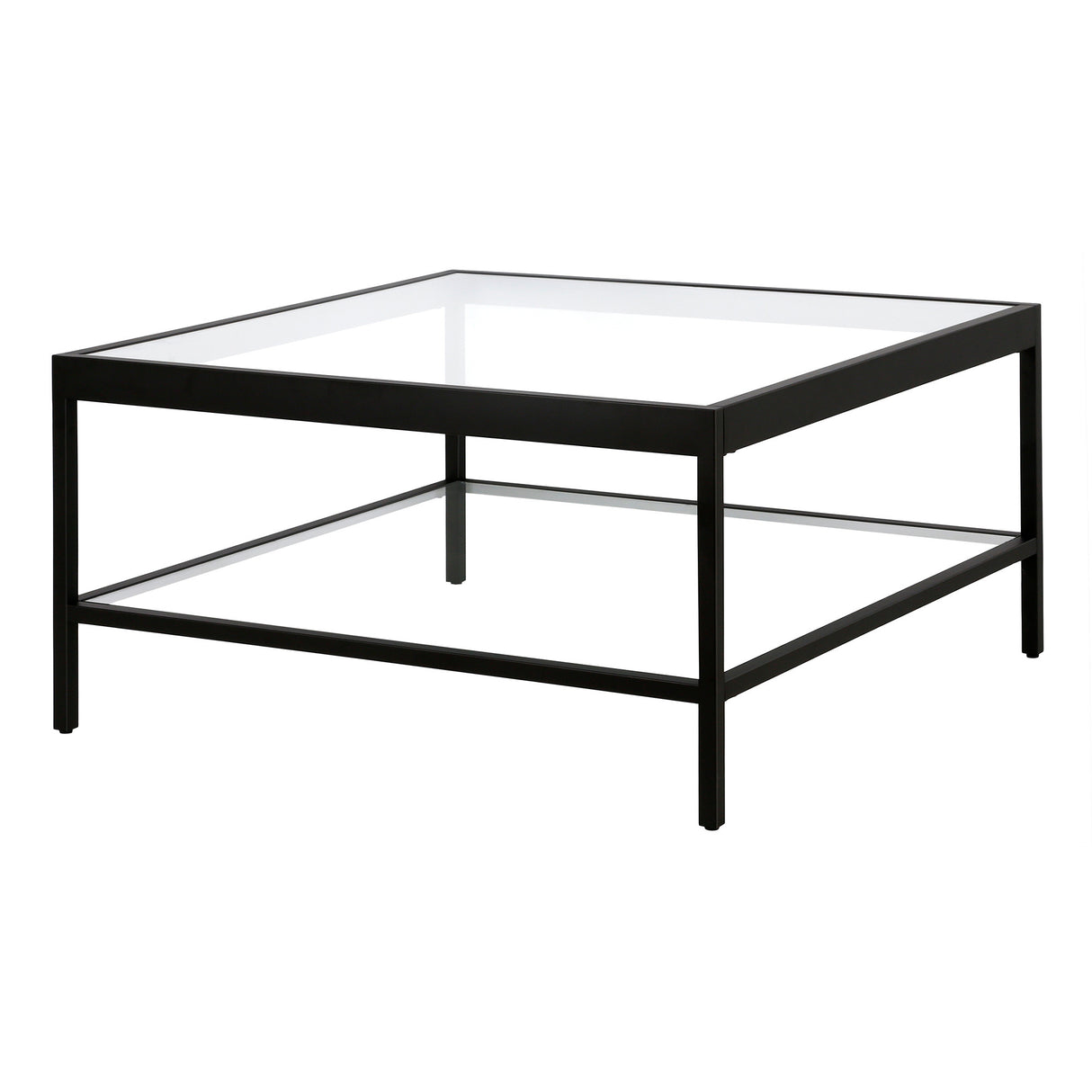 32" Clear And Black Glass And Steel Square Coffee Table With Shelf