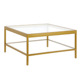 32" Clear And Gold Glass And Steel Square Coffee Table With Shelf