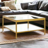 32" Clear And Gold Glass And Steel Square Coffee Table With Shelf