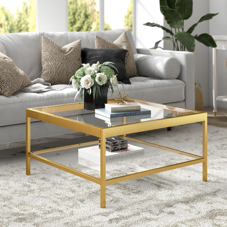 32" Clear And Gold Glass And Steel Square Coffee Table With Shelf