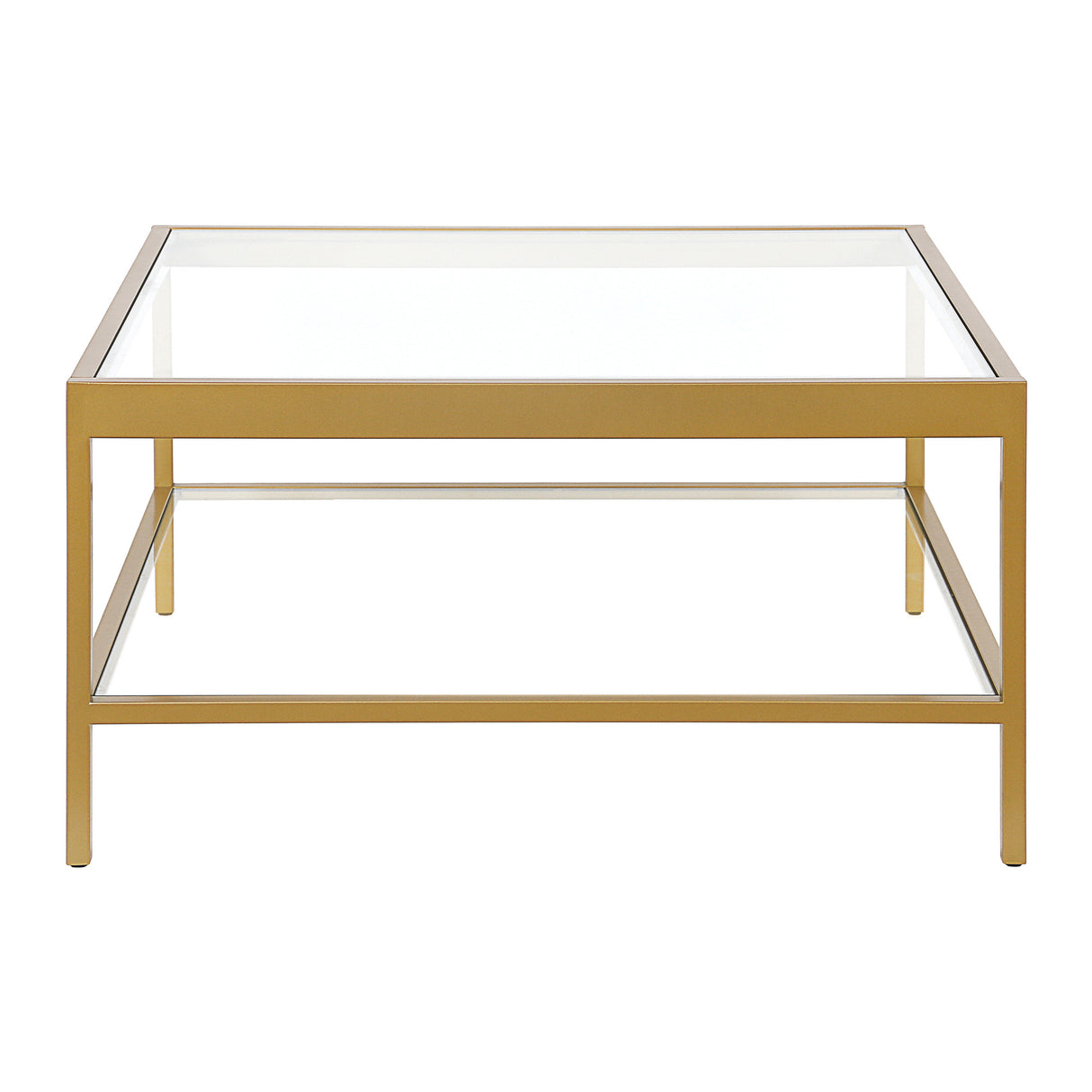 32" Clear And Gold Glass And Steel Square Coffee Table With Shelf