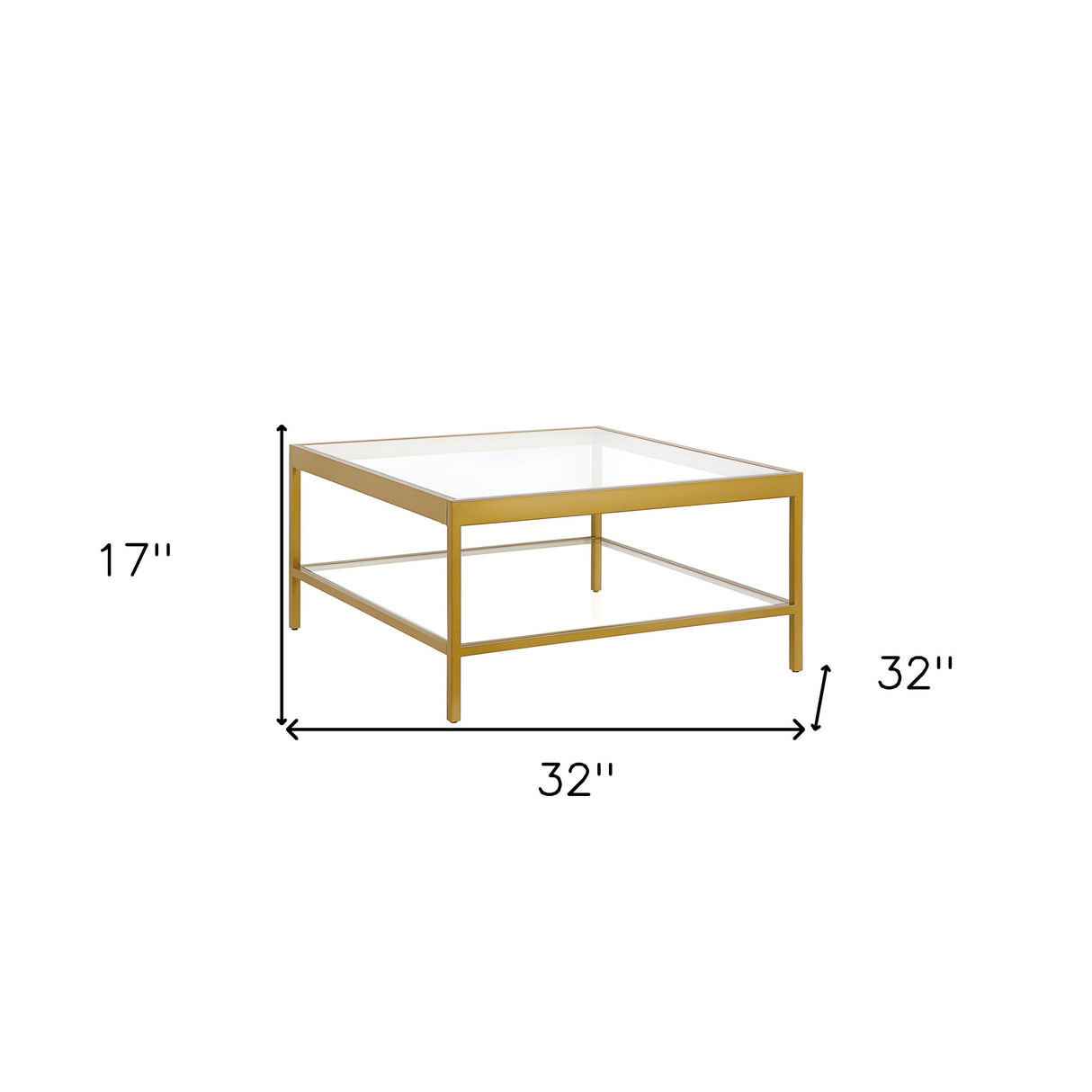 32" Clear And Gold Glass And Steel Square Coffee Table With Shelf