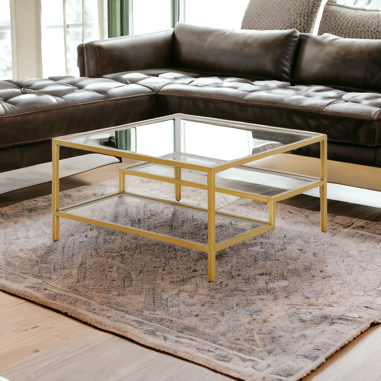 32" Gold Glass And Steel Square Coffee Table With Two Shelves