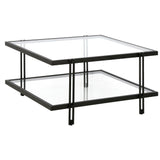 32" Clear And Black Glass And Steel Square Coffee Table With Shelf