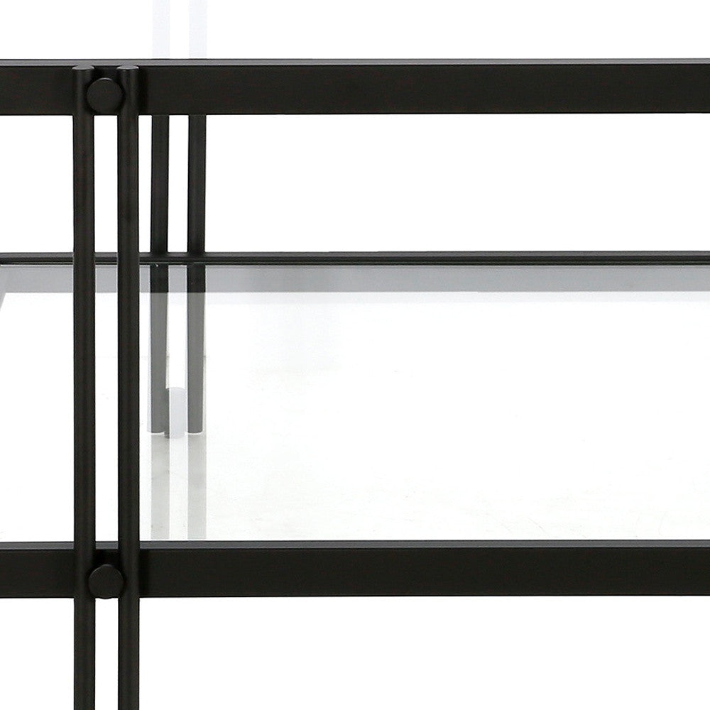 32" Clear And Black Glass And Steel Square Coffee Table With Shelf