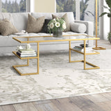 47" Gold Glass And Steel Coffee Table With Two Shelves