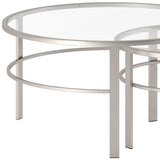 Set of Two 36" Clear and Silver Glass And Steel Round Nested Coffee Tables