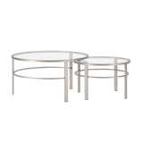 Set of Two 36" Clear and Silver Glass And Steel Round Nested Coffee Tables