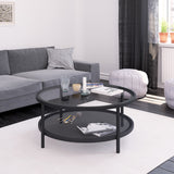 36" Black Glass And Steel Round Coffee Table With Shelf