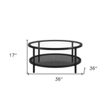 36" Black Glass And Steel Round Coffee Table With Shelf