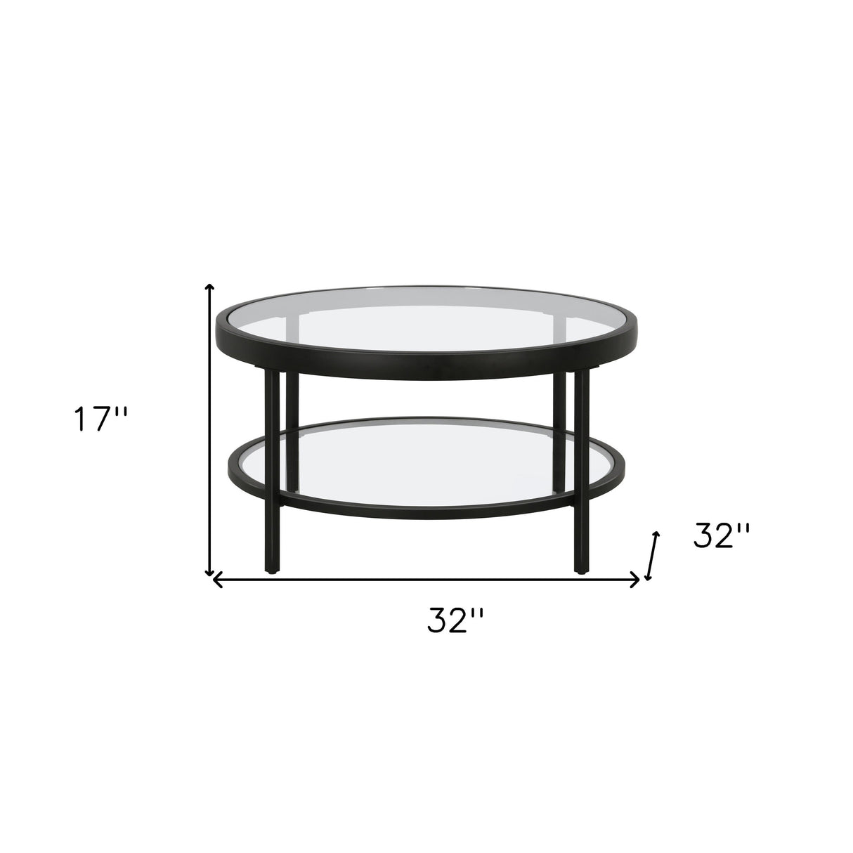 32" Clear And Black Glass And Steel Round Coffee Table With Shelf