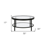 32" Clear And Black Glass And Steel Round Coffee Table With Shelf