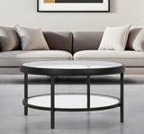 32" Clear And Black Glass And Steel Round Coffee Table With Shelf