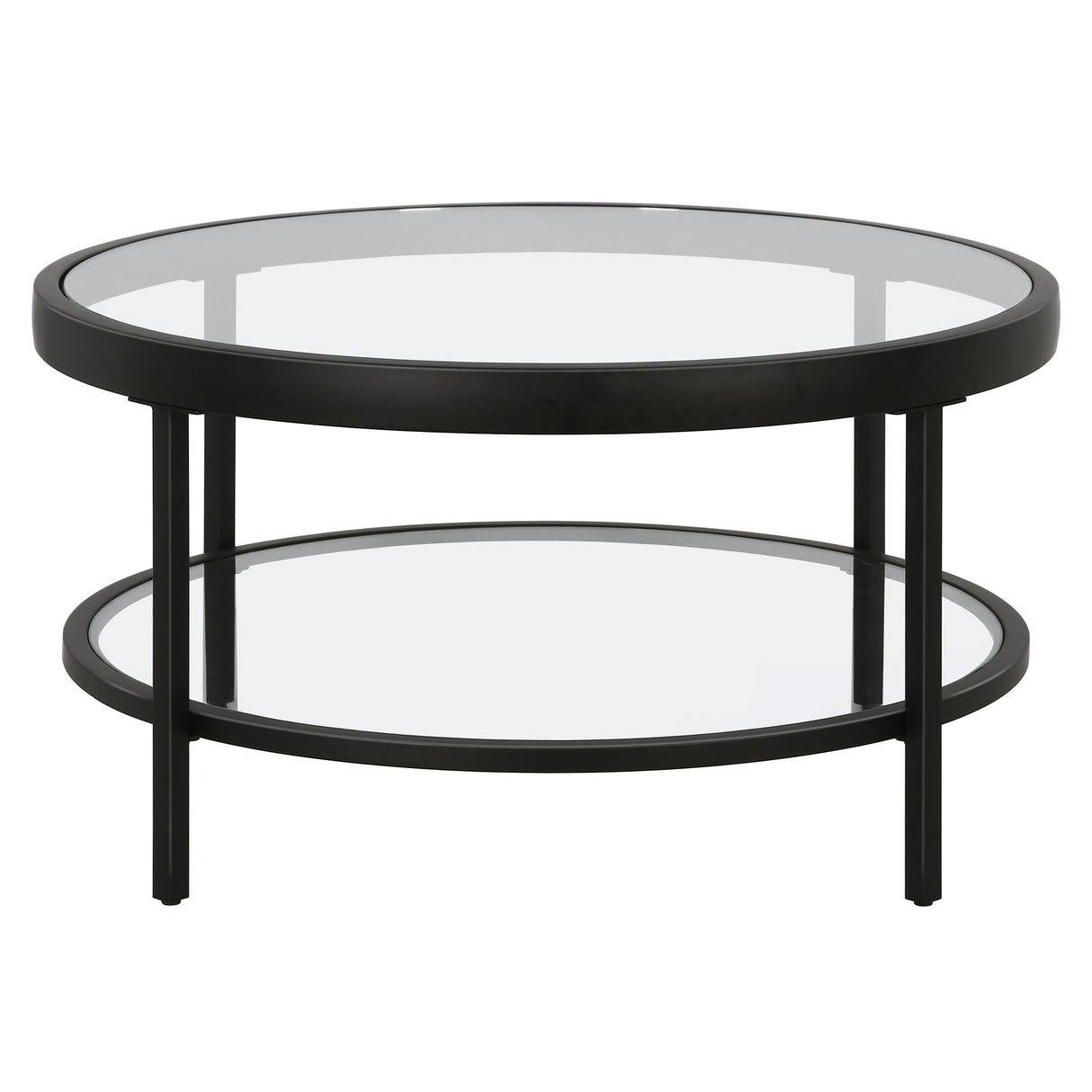 32" Clear And Black Glass And Steel Round Coffee Table With Shelf