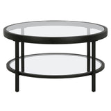 32" Clear And Black Glass And Steel Round Coffee Table With Shelf