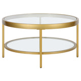 32" Gold Glass And Steel Round Coffee Table With Shelf