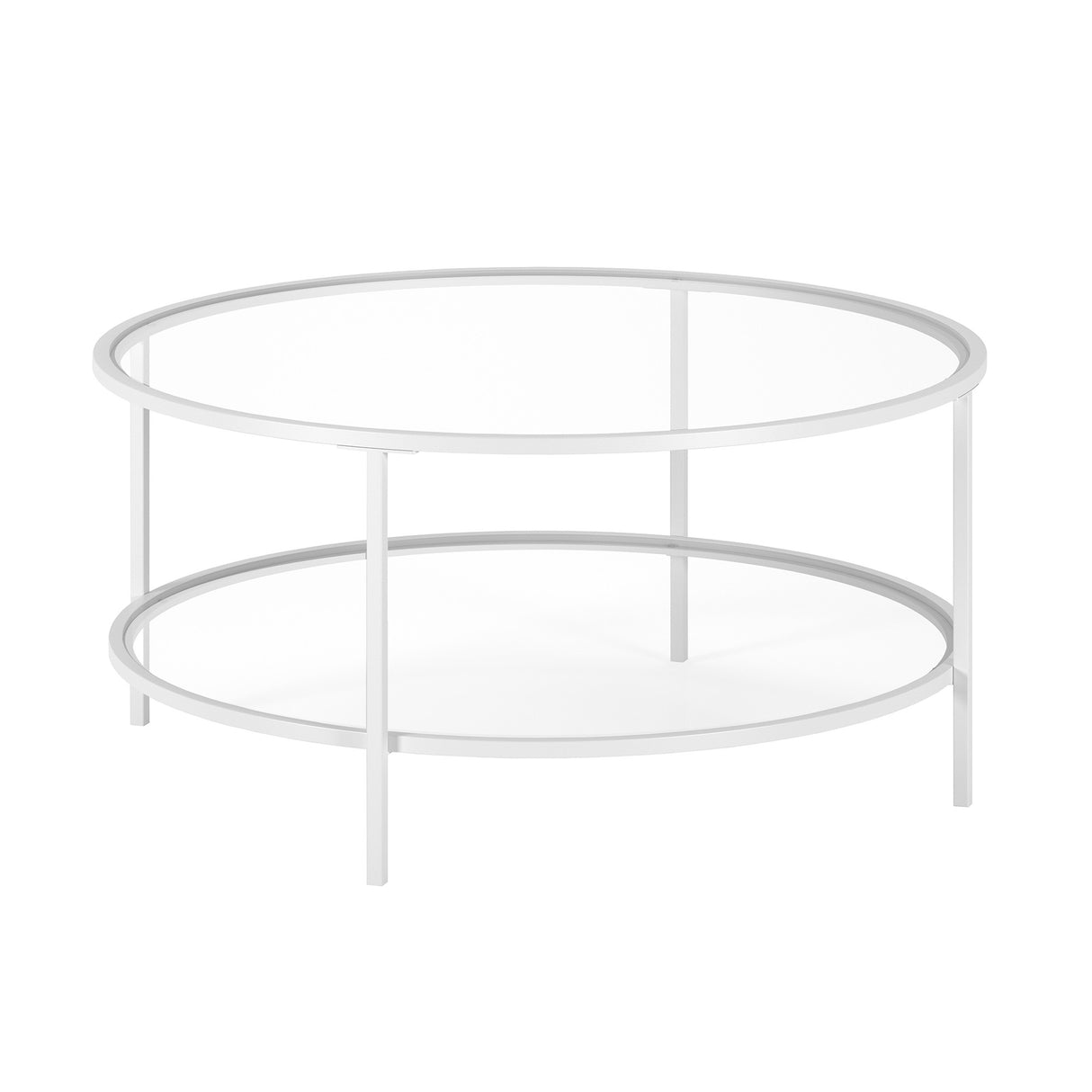 36" White Glass And Steel Round Coffee Table With Shelf