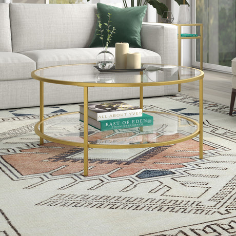 36" Gold Glass And Steel Round Coffee Table With Shelf