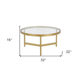 32" Gold Glass And Steel Round Coffee Table