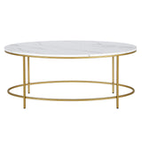 42" White And Gold Faux Marble And Steel Oval Coffee Table