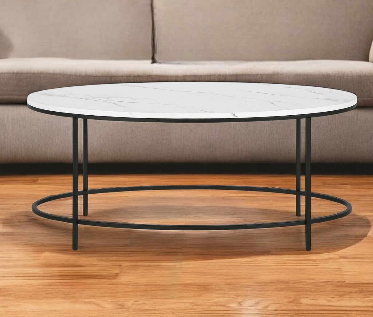 42" White And Black Faux Marble And Steel Oval Coffee Table