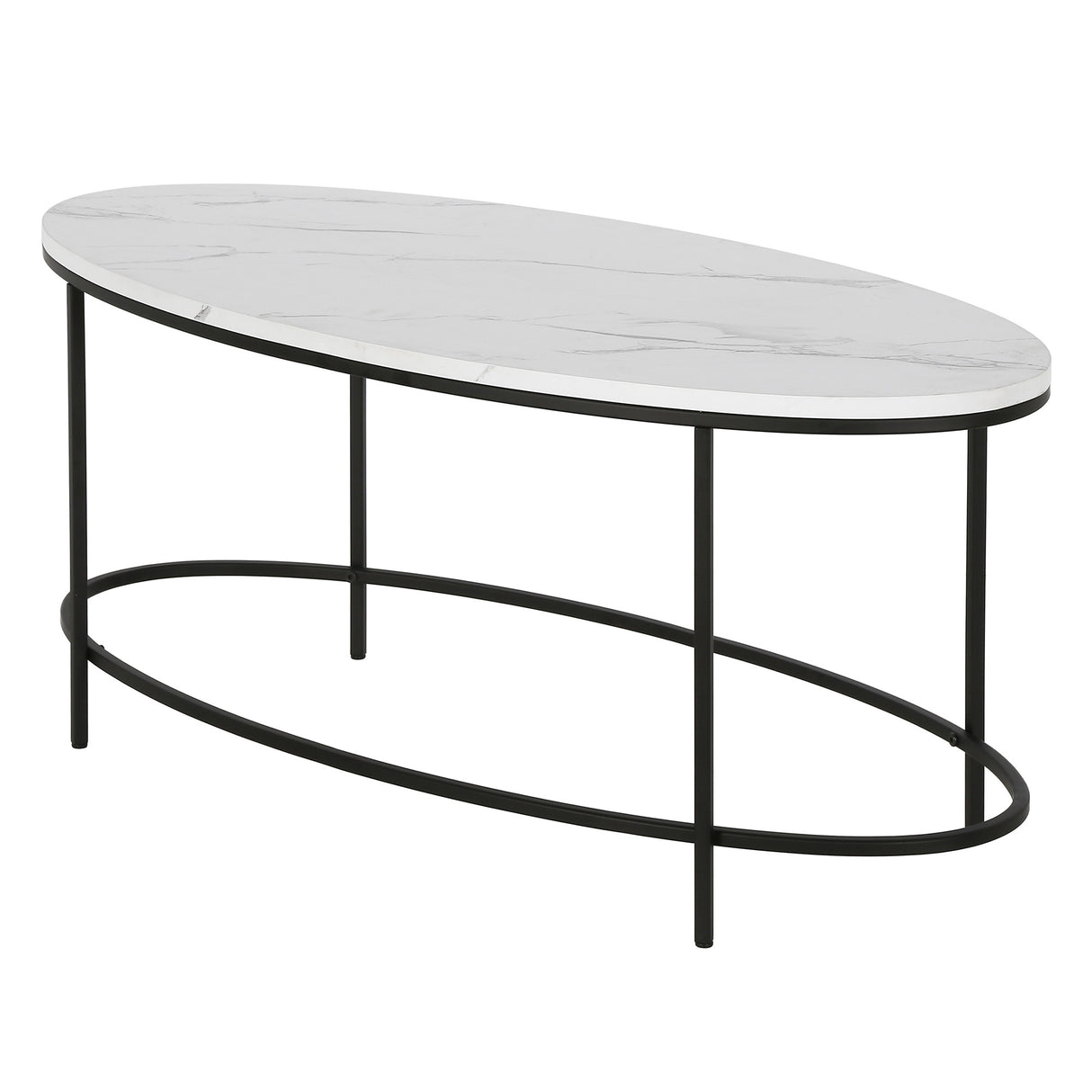 42" White And Black Faux Marble And Steel Oval Coffee Table
